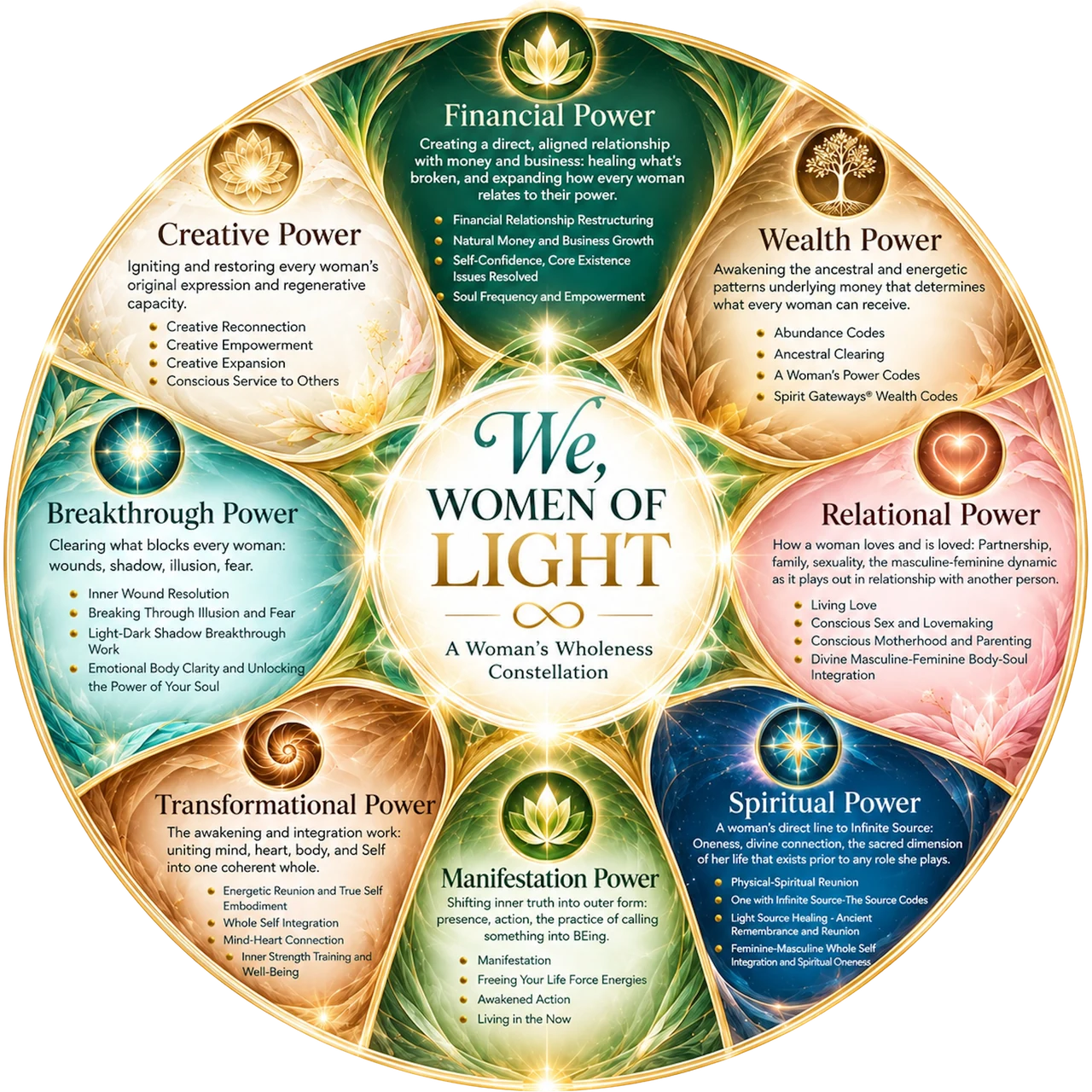 A Woman’s Wholeness Constellation — the eight powers of a woman, arranged as a mandala. © Iana Lahi / Spirit Gateways® Institute.